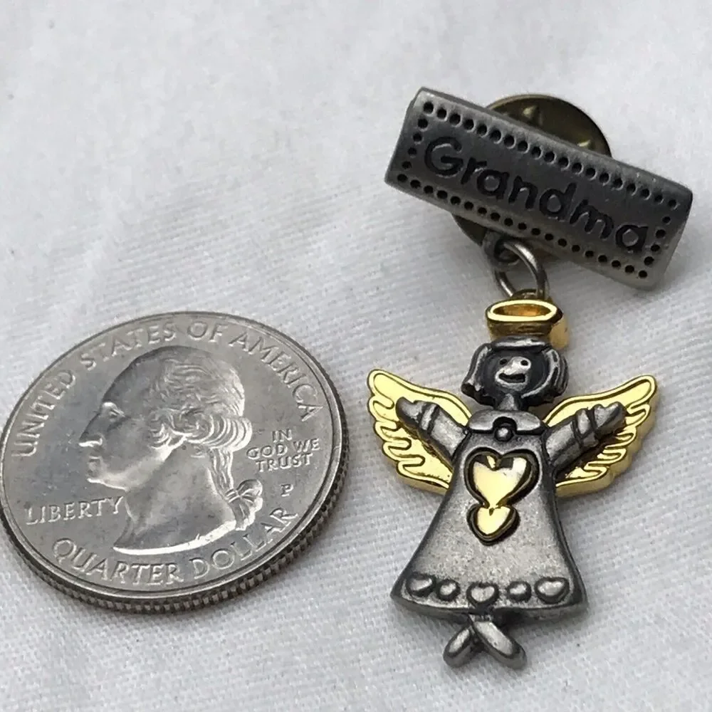 Grandma Angel Pin Brooch Pewter Gold Tone Heart Dangle Sentimental Family Gift